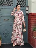 Elegant Geometric Print Maxi Dress with Waist Tie and Long Sleeves