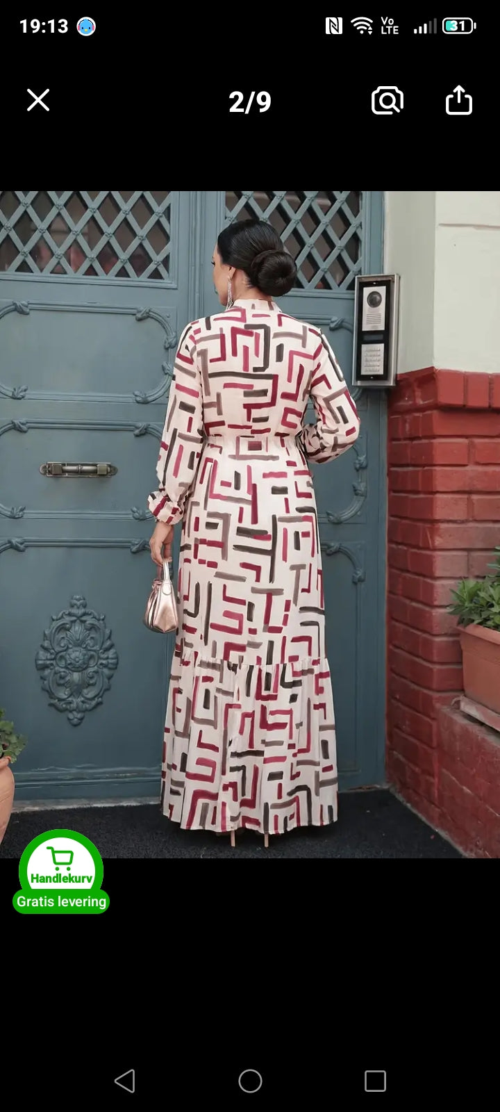 Elegant Geometric Print Maxi Dress with Waist Tie and Long Sleeves
