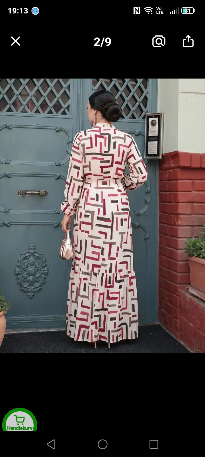 Elegant Geometric Print Maxi Dress with Waist Tie and Long Sleeves