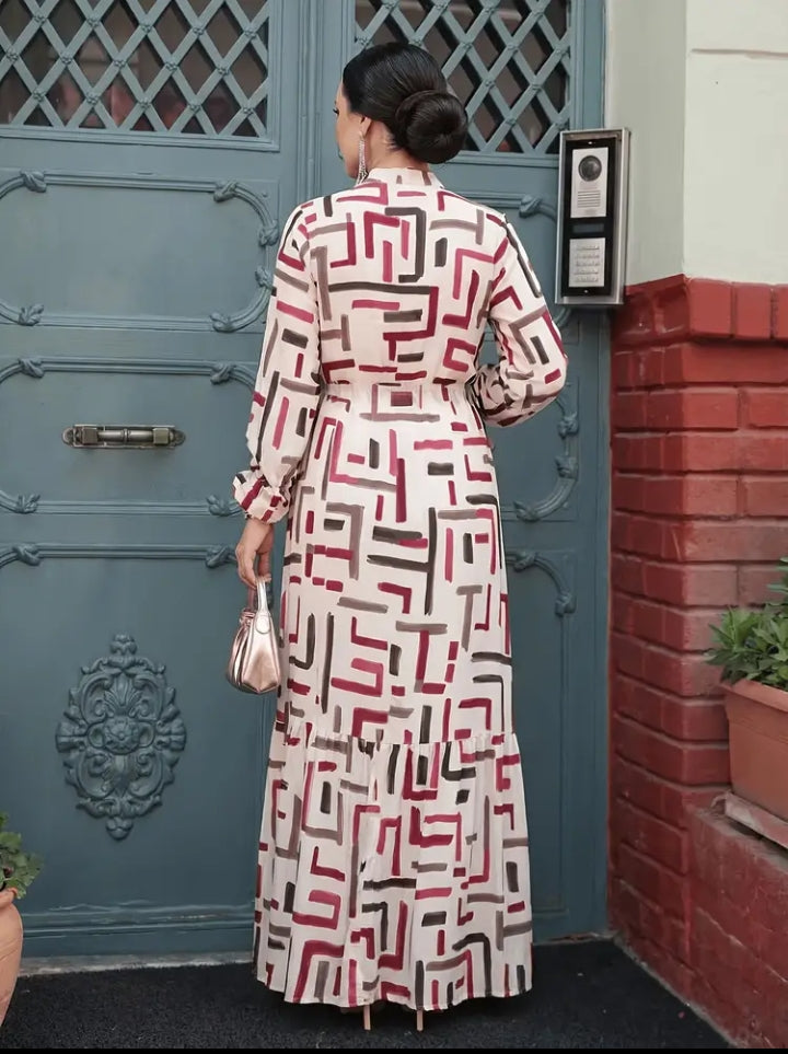 Elegant Geometric Print Maxi Dress with Waist Tie and Long Sleeves