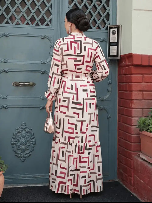 Elegant Geometric Print Maxi Dress with Waist Tie and Long Sleeves